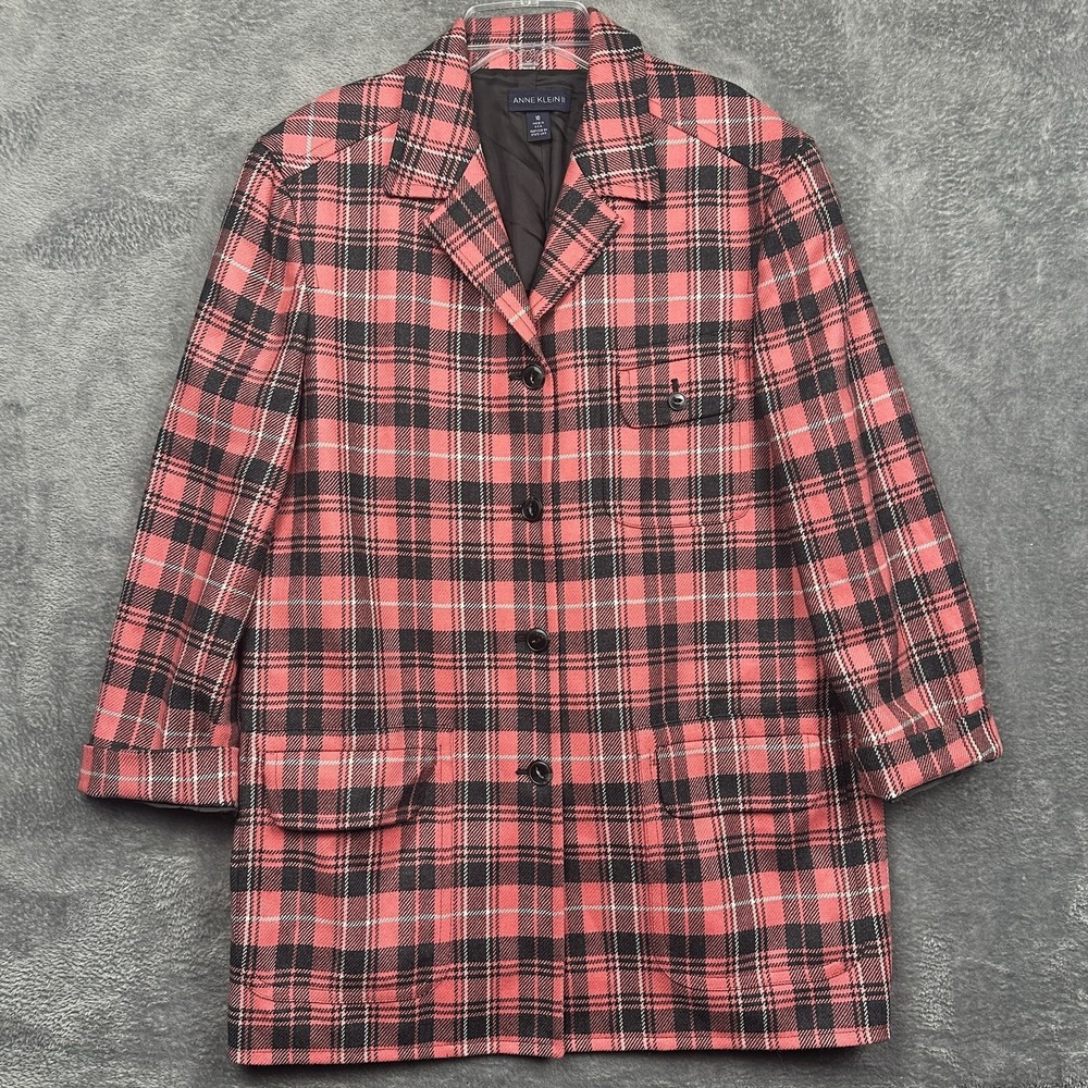 VTG Anne Klein II Blazer Jacket Women Size 10 Wool Red Tartan Plaid USA Made EUC